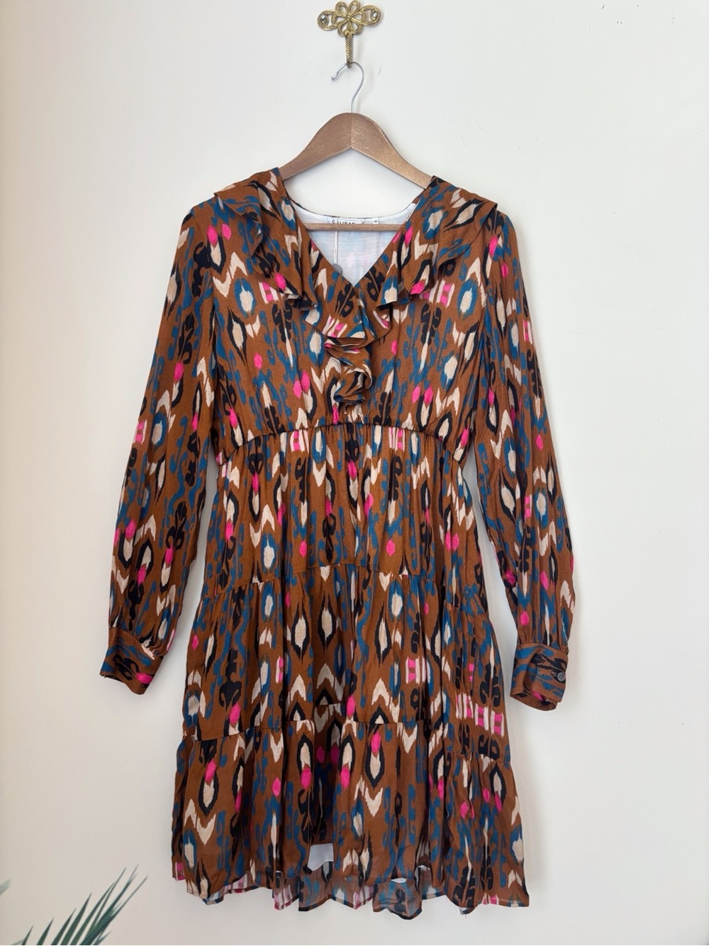 Caliban Brown Ikat Print Ruffle Dress Sz 42 US 6 NEW NWOT